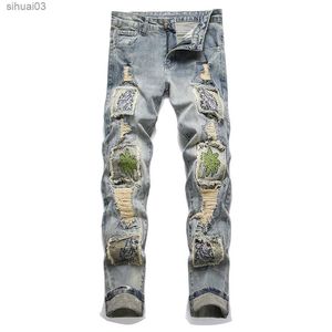 Men's Jeans Mens embroidered patch denim jeans with hole tearing tight pants tapered retro blue elastic TrousersL2403