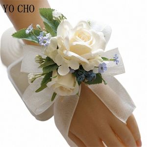 Ivory Wrist Corsage Bridesmaid Sisters Handgjorda FR Artificial Silk Rose Armband FRS för bröllopsdansfestdekor E4DK#