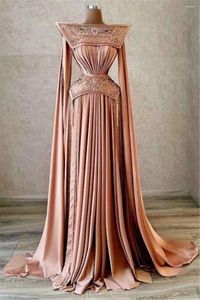 Party Dresses Mermaid Arabic Gold Luxurious Evening Pärled Crystals Prom High Neck Formal Gowns Satin