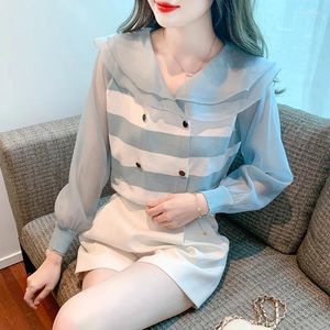 Frauen Blusen 2024 Frühling Koreanische Version Süße Puppe Langarm Chiffon Hemd Altersreduzierung Patchwork Gestreiften Pullover Top