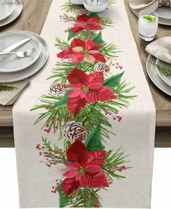 Runner da tavolo Natale Poinsettia Fiore Berry Runner in lino Comò Sciarpe Decor Decorazione da pranzo di Natale yq240330