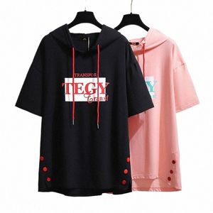 plus Size 150Kg Women's Summer Loose Hooded Short Sleeve T-Shirt Bust 157cm 6XL 7XL 8XL 9XL 10XL Butt Letter Top Pink Black h3Nz#