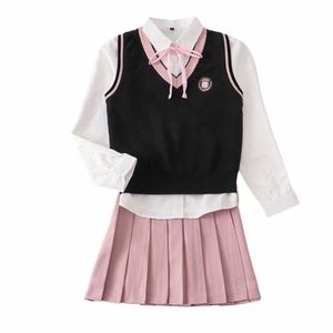 casual jk cott v-hals stickad väst rosa kant design tröja set rosa kjol japansk skol uniform anime cos costumes kvinnor d5mf#