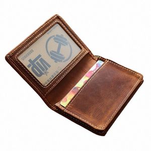 100% Genuine Leather Credit Card Holder For Men Male Vintage Crazy Horse Handmade Short Busin ID Case Small Slim Wallet Purse g9ay#