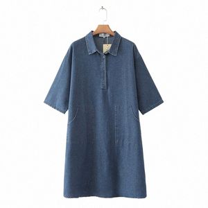 Grandes mulheres 2022 verão denim cott azul dr meia manga solta comprimento médio camiseta divisão plus size saia 2xl 3xl 4xl 5xl h9G7 #