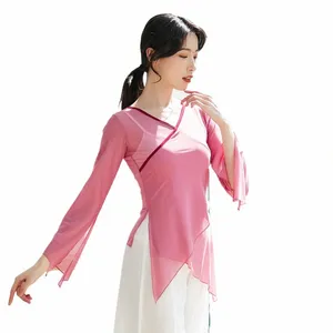 Camisa de dança clássica sexy com decote em v corpo rima gaze transparente dr mulheres dança folclórica chinesa traje de desempenho manga lg x2oB #