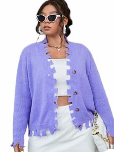 onelink Purple Rough Edge Design Lg Sleeve Plus Size Women'S Open Cardigan Butt Up Sweater Oversize Clothing Winter 2022 X1rJ#