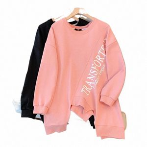 Plus-storlek Kvinnors oregelbundna designbrevtryck Top Pink Black Commuter Hoodie Spring Outing Clothes 2x-Large till 6x-stort Y8TP#