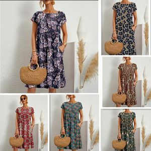 Moda feminina solta algodão linho sem mangas em torno do pescoço impresso vestido de verão