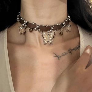 Chains Spicy Butterfly Necklace Maillard Brown Vintage Choker Neck Ring Small And High End Premium Leather Collar Chain