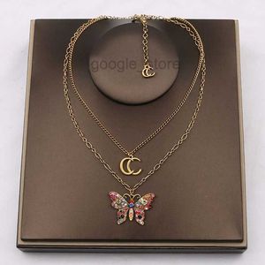 Luxury Designer Double Letter Necklaces 18k Gold Plated Butterfly Crysatl Pearl Sweater Necklace Women Wedding Party Jewerlry Accessories