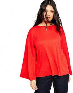 plus Size Lg Flare Sleeve T-shirt Women Solid Red Round Neck Spring Autumn Knitting Elegant Casual Top Tee Blouse 5XL 6XL 7XL j9fk#