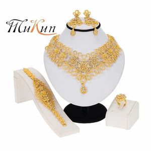 Dubai Women Gold Color Jewelry Set African Wedding Bridal Ornament Presents for S Arab Necklace Armband Earrings Ring Set 2107203277