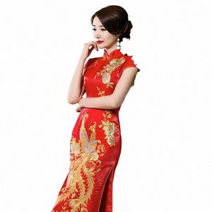 Kinesiska nyårskvinnor Kläder Bride LG Dr Red Sequin Embroidery Chegsam Qipao Wedding Plus Size Woman Drag Phoenix 16so#