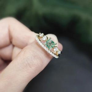 Cluster Rings Gem's Ballet Moss Agate Ring Set Wedding Engagement for Women 925 Sterling Silver Gold Plated Unique Bridal Promise