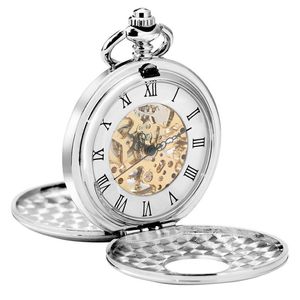 Retro Vintage Silver Pocket Watch Mężczyźni Kobiety w ręce Winding Mechaniczne zegarek szkielet podwójny łowca Łańcuch FOB RELOJ DE BOL260F