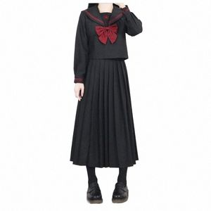 Wysokiej jakości czerwony haft sakura japońskie mundury czarne słodkie marynarz topy plisowane spódnica pełna zestaw cosplay jk kostium t0je#