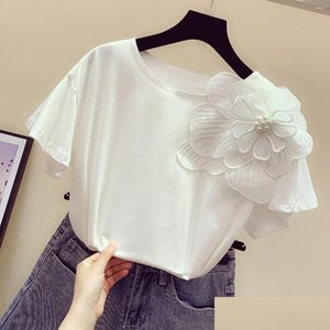 Mulheres T-shirt Camisetas 3D Flor Doce Frisado Algodão de Manga Curta Feminino 2022 Primavera Roupas de Verão Mulheres Coreano Solto Branco Camiseta Otb6C