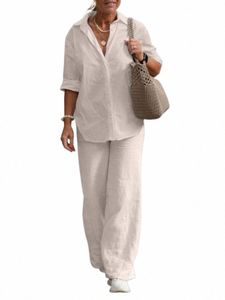 2023 Autumn Fi Plus Size Women's Set Large Size Loose Cott Linen Shirt High Waist Wide Leg Pants Elegant Two Piece Set V7FV#