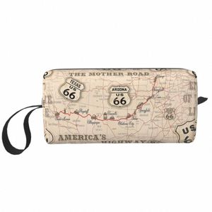 FI Vintage Amerikan Harita Yolu 66 Desen Seyahat Tuvalet Çantası ABD Karayolları Kozmetik Makyaj Organizatör Depolama Dopp Kit J4og#
