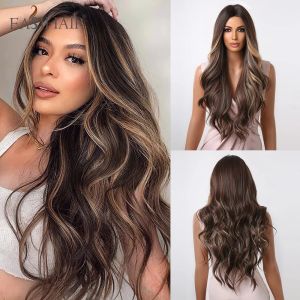 Wigs Easihair Long Brown Ombre Synthetic Wig для чернокожих женщин Супер длинные волнистые парики косплей водяной волны теплостой устойчивый