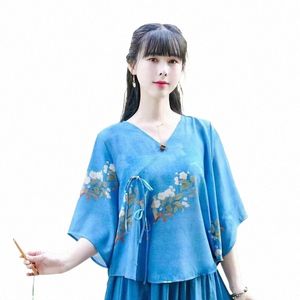 Vintage Cott Leinen Blumendruck V-Ausschnitt Hemd Chinesischen Stil Traditial Weibliche Hanfu Bluse Natial Lose Frauen Tops Tang-anzug 57va #