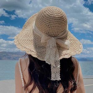 Шляпы с широкими полями Летняя шляпа-ведро Складная полая кружевная декоративная соломенная шляпа для девочек на открытом воздухе Путешествия Коричневый повседневный пляжный солнцезащитный козырек H240330
