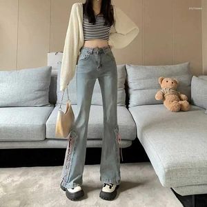 Women's Jeans Lucyever Light Blue Flare Women Vintage Streetwear Lace Up Y2K Denim Pants Female Korean High Waist Wide Leg Trousers