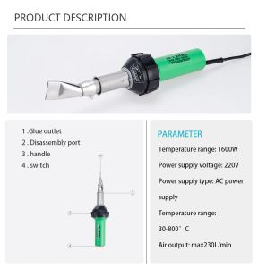 AC 220V 1600W 50/60Hz Plastik Kaynak Makinesi Elektrikli Sıcak Hava Tabancası Plastik Kaynak Tabancası + Isıtma Çekirdeği + Düz Kafa Aksesuarları