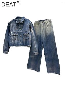 Calças femininas de duas peças soltas revestidas impressas jaquetas jeans gradiente azul prata reta banhada jeans 2024 moda verão 11xx8937