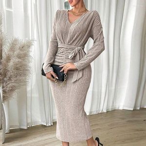 Casual Dresses Solid V-Neck Tunic Tie-up Slim Long Dress Women Spring Elegant Rib Office Lady Autumn Sleeve Bodycon Party