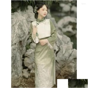 Roupas étnicas Outono Elegante Verde Stand Collar Mangas Compridas Side Slit Cheongsam Vestido com Colete Mulheres Estilo Nacional Vestidos de Festa Otzon