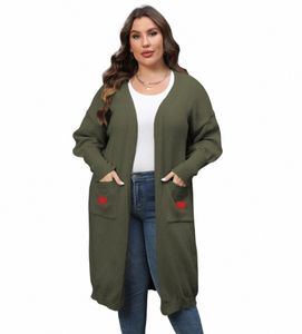 Women Coat Plus-storlek Medellång längdvävd tröja Dubbelfickor Lykta ärm tröja Cardigan Casual Solid Color Outer Wear J989#