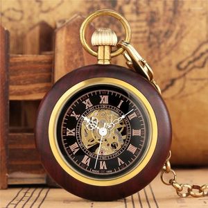 Pocket Watches Antique Wood Case Handwinding Mechanical Watch for Men Women Skeleton Clock Pendant Chain Roman Number Dial Hour Present