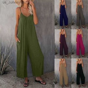 Women's Jumpsuits Rompers 2024 Womens Hot Selling Spring and Summer New Arrival Solid Color Pockets Loose Casual Halter Jumpsuit Clothes Fashion Jumpsuit T240330