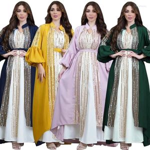 Ethnic Clothing Middle East Kuwait Robe Muslim Women's Wear Sequin Embroider Two-Piece Set Puff Sleeve Dress