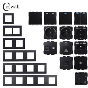 COSWALL E20 Series Black Pan Panel Wall Switch EU French Socket HDMI-kompatibel USB-laddare Kvinna TV RJ45-moduler DIY