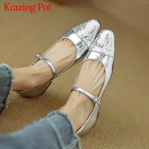 Casual Shoes Krazing Pot Cow Leather Metal Buckle Straps Low Heels Summer Fashion Square Toe Mary Janes Sequin Cloth Daily Wear Women Pumps