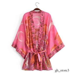 Kimono Moon Print Thin Style Summer Women Kimono Shirts Fashion Open Front Drop Shoulder Female Loose Blouses with Sashes 196