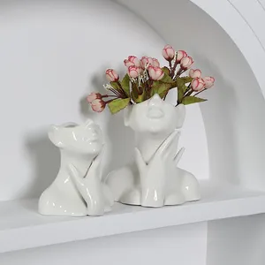 Vazo Seramik Yüz Heykel Çiçek Vazo El Sanatları Kadın Form Kafası Kalıp Flowerpot Masaüstü Süsleme Ev Dekoru Düğün Partisi İçin