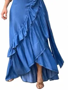 plus Size Women Denim Skirt A-Line Elegant Streetwear Party Club Y2K Vintage Plain Ruffle Hem Knot Waist Maxi Skirt 2023 New d7bS#