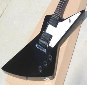 Anpassad butik 1958 Korina Explorer Black Electric Guitar White PickGuard Mop Dot Fingerboard Inlay Chrome Hardware Black Speed ​​Knobs7798746