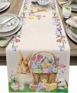 Table Runner Easter Linen Runners Rabbit Colorful Eggs Tulip Dresser Scarves Decor Spring Dining Party Decorations yq240330