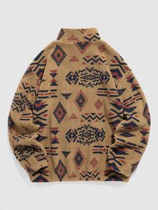 Zaful Men's Turtleneck Hoodie Fuzzy Faux Sherpa dragkedja tröjor Etniska tryckt fluffiga streetwear pullover hoodies z5051921