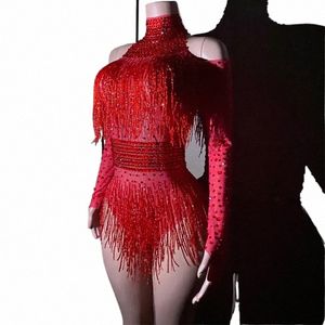 Red Rhinestes Franjas Bodysuit Mulheres Gogo Dance Rave Outfit Dj Ds Stage Jazz Roupas Clubwear Trajes Drag Queen r1fl #