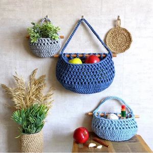 Hängande fruktkorgar Small 3 Tier Storage Bag-3 Pack Handmade Woven Wall Kitchen Macrame Basket Home Minimalist Practical Decor 240329