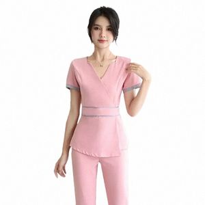 wholesale Price Beauty Scrub Set Female Hotel Work Uniform Set Scrub Suit Foot Massage Gown V-Neck Two Piece O0PI#