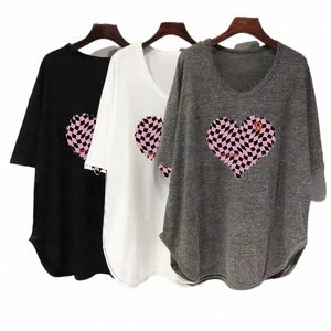 DANIFUN 느슨한 플러스 크기 티셔츠 여성 U-Neck Love Print 짧은팔 티 탑 2024 여름 새로운 한국 미드 길이 Tshirts g7wb#