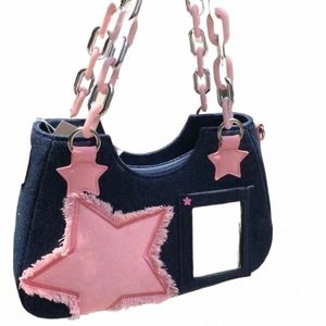 Y2K Star Chain Underarm Bag Ny Fi Cool Dark Harajuku Style Denim Bag Pink Women's Bag Tote Purses Handbags Baguett F8LM#