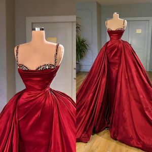 Graceful Evening Dresses Spaghetti Straps Prom Gowns with Overskirts Beaded Crystal Mermaid Custom Made Sweep Train Party Dresses